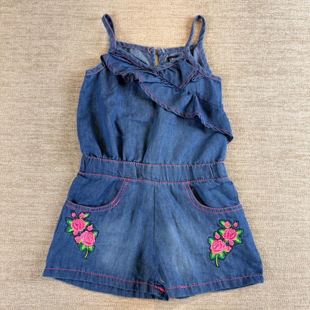 VTG Limited Too Girls Blue Denim Chambray Floral Embroidered Ruffle Romper 3T